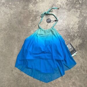 Coco Reef Swimwear Womens 34D Blue Aura Mesh Ruffle Tankini Swim‎ Top Tie Neck